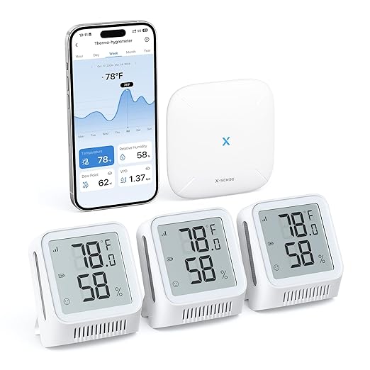 X-Sense WiFi Thermometer Indoor Hygrometer, Digital Temperature Sensor with App Notification Alerts, Temperature Humidity Meter for Room, Data Storage Export at No Charge, 3 Sensors & 1 Base Station