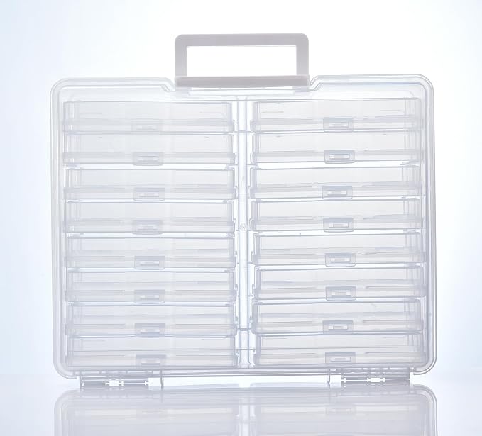 ALINK Photo Storage Box with Handle, 4" x 6" Photo Case Craft Keeper Organizer Container with 16 Inner Case and Label for Pictures, Arts, Crafts, Sewing, Stickers, Office Supplies - Clear