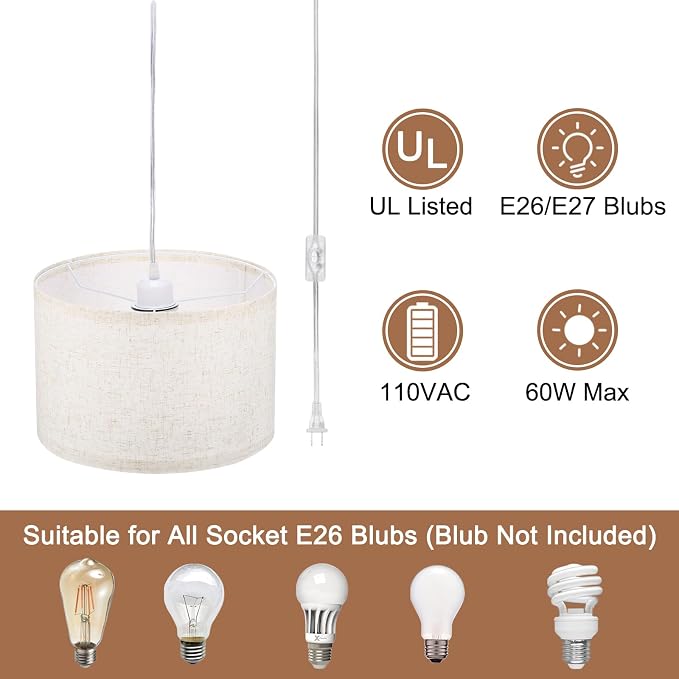 PATIKIL Plug in Pendant Light, 15Ft Rope Cord Hanging Lamp Fixture with ON/Off Switch, Linen Fabric Shade E26/E27 Bulb Socket for Bedroom Kitchen Living Room, Beige