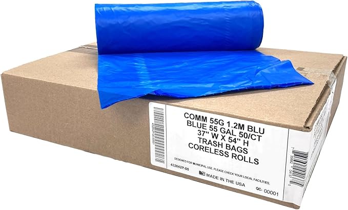 Ultrasac Heavy Duty 55 Gallon Blue Trash Bags - (Value 50 Pack) - 1.5 MIL equivalent Industrial Strength Plastic 37" x 54" for 50-55 Gal Cans -Fits Toter, Rubbermaid Brute, Carlislie Bronco etc.