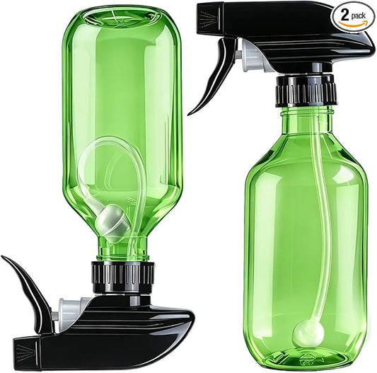 2 Pack 360° Spray Bottles, 10 oz Plastic Small Containers with Adjustable Spray Nozzles, Spray Bottles for Hair, Cleaning Solutions, BBQ and Plants Green