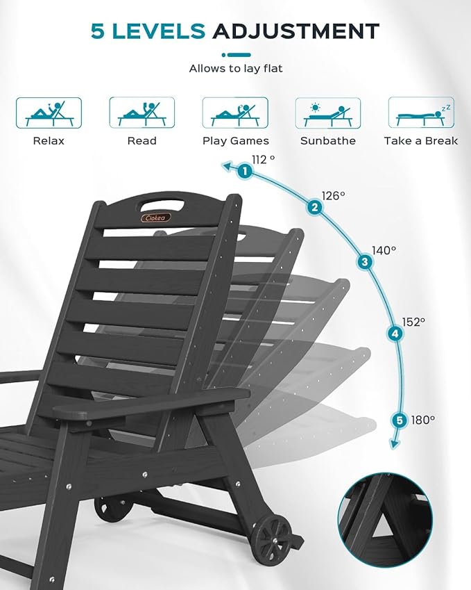 Ciokea Outdoor Chaise Lounge Chair Set of 2, Patio Lounge Chairs for Outside, HDPE Lounge Chairs with Wheels & Cup Holder, Poly Lounge Chair with 5 Position for Poolside, Deck, Black