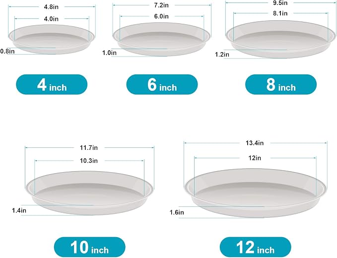 VUWEZ 6 Pack Plant Saucer Tray, 4 6 8 10 12 15 16 18 20 inch Plant Saucers for Indoors, Durable Plastic Flower Plant Water Drip Trays Round, Pot Saucers, Plant Trays for Pots (4", Clear)
