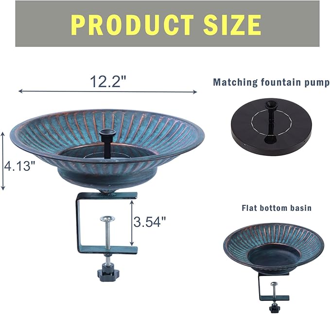 Solar Bird Bath,Deck Bird Bath with Solar Fountain,Metal Bird Bath Bubbler,Adjustable Sturdy Balcony Bird Bath,Patio Garden Decor