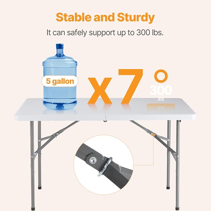 NEWBULIG 4 FT Foldable Table Easy to Fold and Store, Folding Picnic Table for Picnic Camping Kitchen Dining Party Outdoor Indoor with Carrying Handle, White