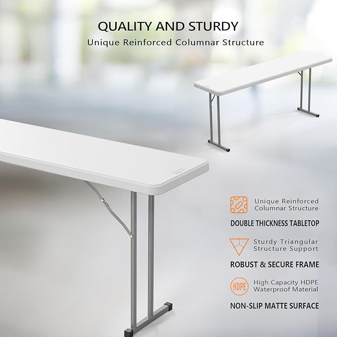VINGLI 6 FT Narrow Folding Table,Premium Quality HDPE Material and Sturdy Metal Frame, Perfect for Buffet, Seminar, Party, Training, Home Work, White