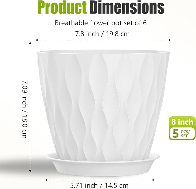 8 Inch Plastic Plant Pots,Set of 5 Flower Pots,Planters with Drainage Holes & Saucers, Indoor Outdoor Garden Pots for Home Decor(White)