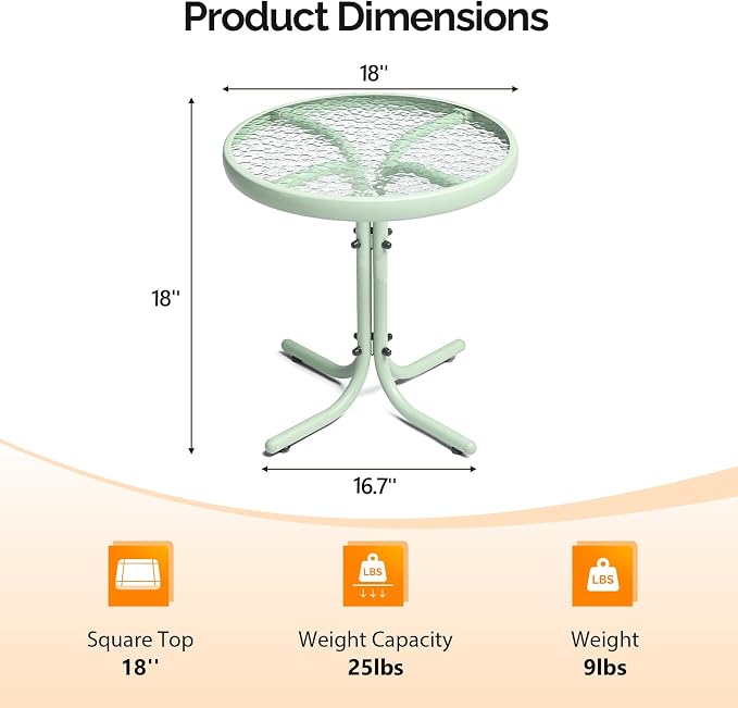 VINGLI Outdoor Side Table, 18" Patio Table Steel Frame Tempered Glass Top, Weatherproof Small Tables for Balcony Garden Poolside (Green, Round)