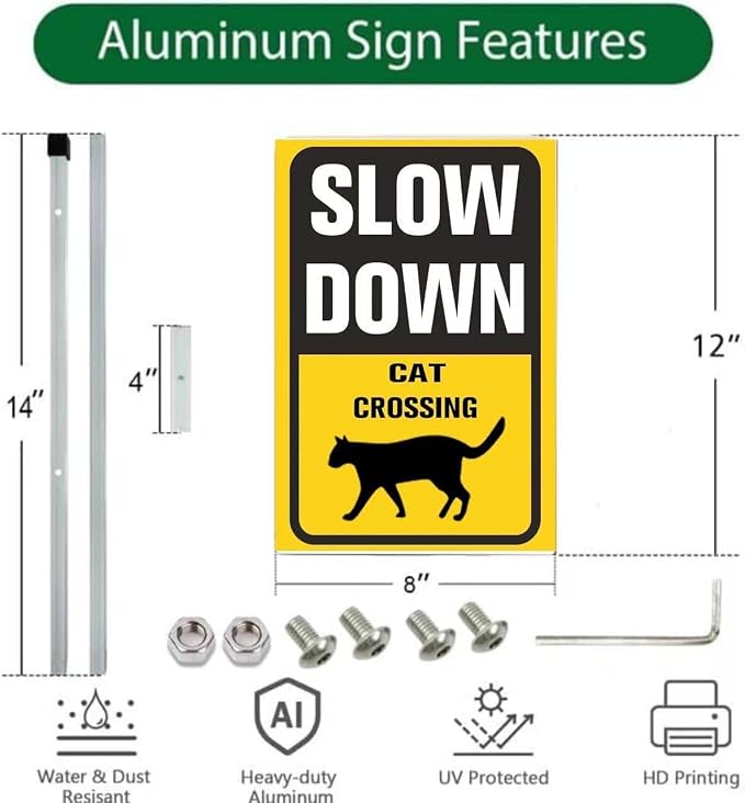 Slow Down Cat Crossing Safety Sign for Street Rustproof Reflective Aluminum Caution Drive Slowly Watch for Deaf Cat Sign Garden Animal Sign for Neighborhoods