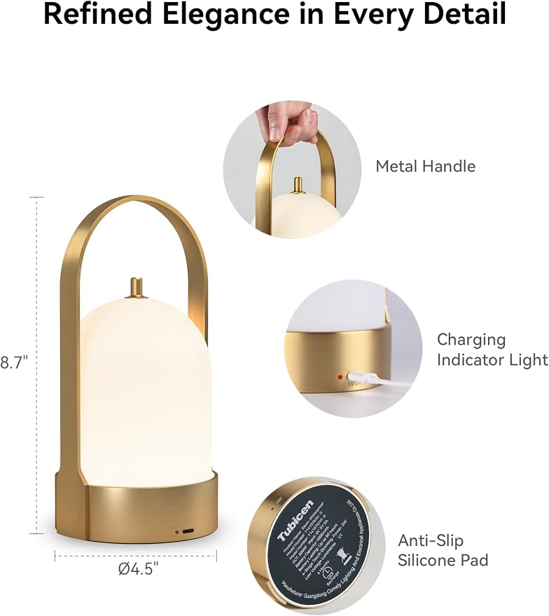 Tubicen Rechargeable Table Lamp Waterproof Outdoor Lantern Portable 4000mAh Battery Operated Camping Lamp Brass 4-Level Touch Dimmable Cordless Outdoor Table Lamp for Bedroom Bathroom Patio Balcony