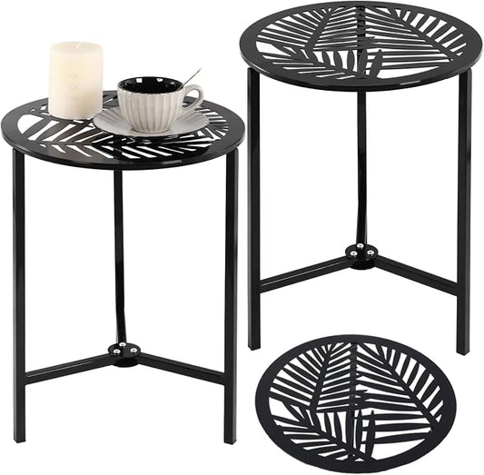 Party Zealot Set of 2 Small Round Metal Side Tables, 13-Inch Black Outdoor End Tables for Patio, Balcony, Porch or Garden – Weather-Resistant Corner Coffee Table for Small Spaces & Indoor Plant Stand