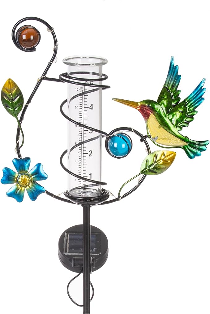 35'' Hummingbird Rain Gauge Outdoor - Solar Rain Gauges with LED Light for Yards, Lawns, Pathway, Patio (Colorful)