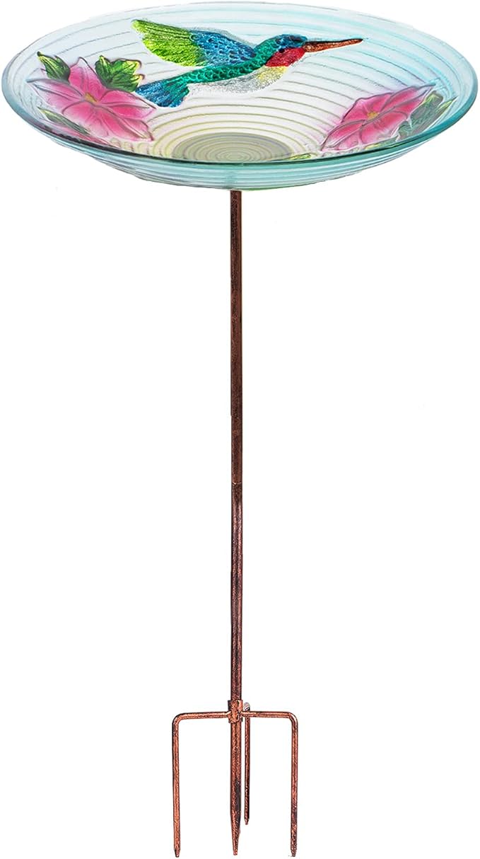 MUMTOP Glass Bird Bath, Garden Outdoor Birdbaths Birdfeeder with Metal Stake, Multi