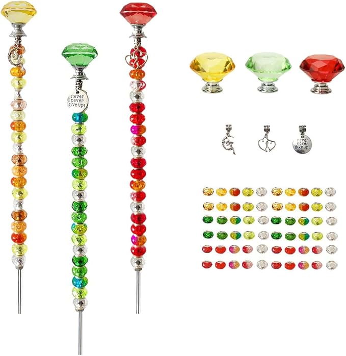 72Pcs Beaded Garden Stakes Kit - DIY Fairy Wand Garden Stake Beads Kit, Fairy Garden Accessories Outdoor for Different Festivals, Garden Stake Decorative Diamond-(Red+Green+Yellow)