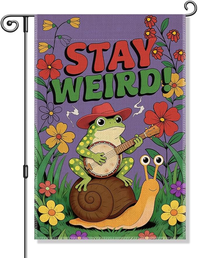 Perfectinsoy Stay Weird Funny Garden Flag, Inclusion Equality Human Rights LGBTQ Yard Banner, Retro Snail Frog Flags, Community Progress Welcome Yard Farmhouse Patio Lawn Spring Summer Outdoor Decor
