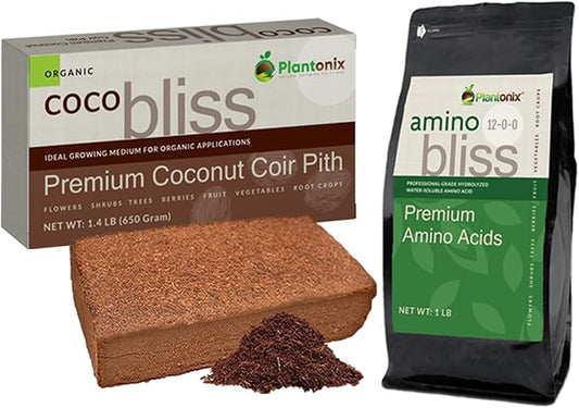 Coco Coir Brick (650gms) + Amino Bliss (1lb) - Organic Coco Coir for Plants & Amino Acids for Plants - Cocopeat Coconut Coir Brick - Hydrolyzed Amino Acids for Gardening - Garden Soil Potting Mix