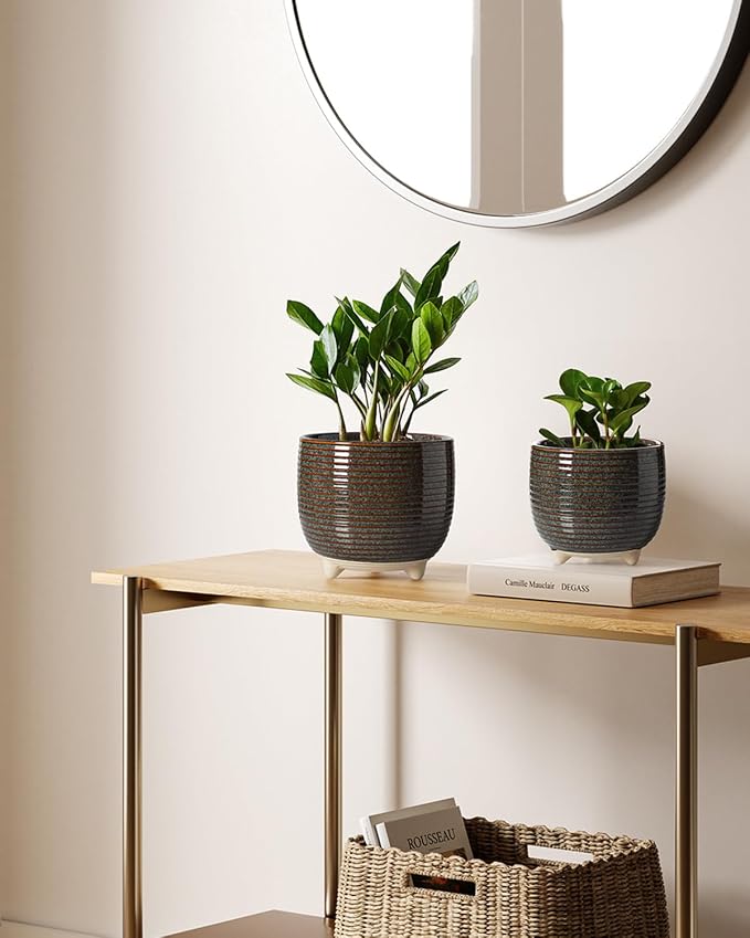LE TAUCI Ceramic Plant Pots, 5.1 + 6.4 Inch Footed Pots for Plants, Modern Flower Pots for Home and Office, Indoor Planters with Drainage, Reactive Glaze Black