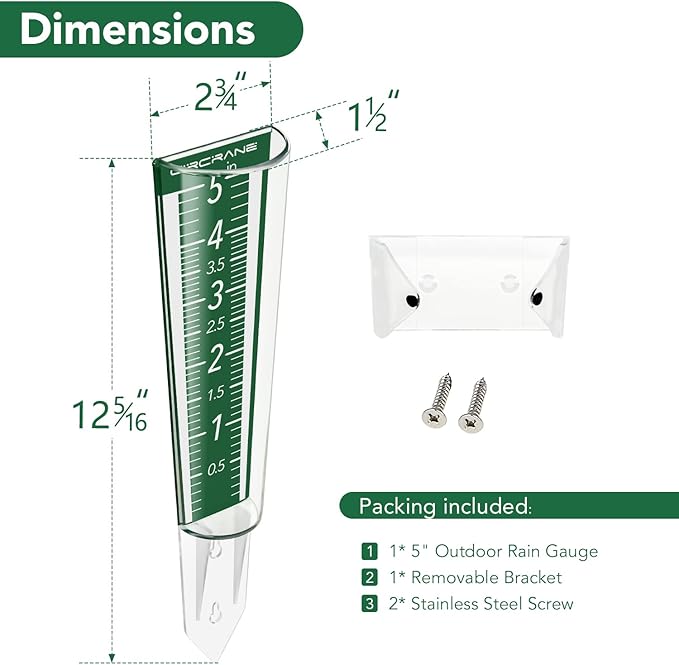 Circrane 5-Inch Capacity Outdoor Rain Gauge with Additional Hang Bracket& Stainless Steel Screws, Magnifying Scale and Numbers Design for Easy Read (Green)