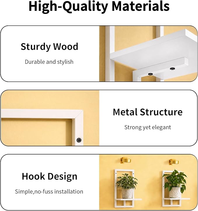 Wall Plant Holder with Grow Lights Set of 2 for Indoor Outdoor, Floating Flower Display Stand for Living Room, Bedroom, Bathroom, Kitchen, Entryway, White