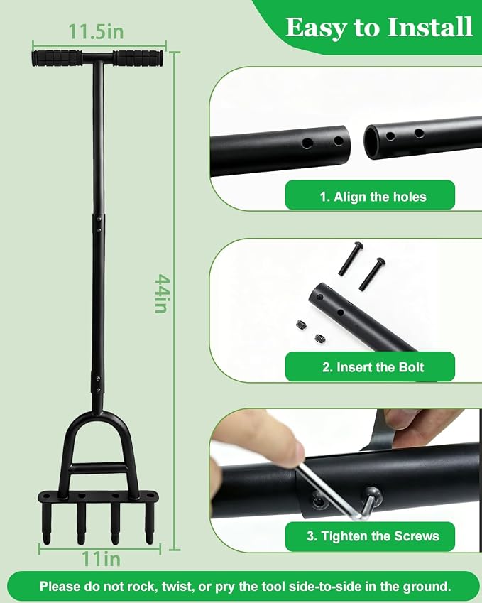 Manual Core Aerator Lawn Tool, Lawn Aerator Tool with 4 Hollow Tines, Plug Aerator 3-Piece Easy Assembly, 45" Ergonomic Yard Grass Aerator for Lawn, Compacted Soil Aeration