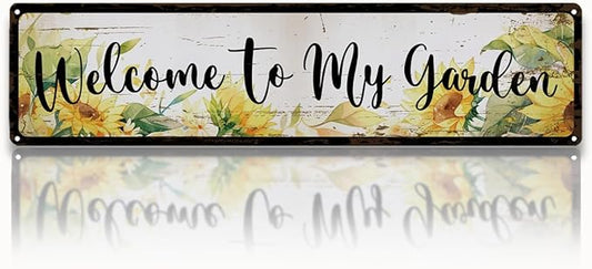 Rustic Garden Signs, Welcome to My Garden Sign, Sunflower Floral Vintage Farmhouse Outdoor Wall Art, for Porch Patio Fence Door, Ideal for Gardening Lovers, 15.7 x 3.9 Inches