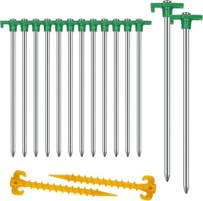 Tent Stakes Heavy Duty Camping Stakes,AVOFOREST 9.8inch Non-Rust Metal Tent Pegs Ground Stakes Tent Spikes Camping,Garden,Hiking Green(Green 12+2pcs, 10 in)