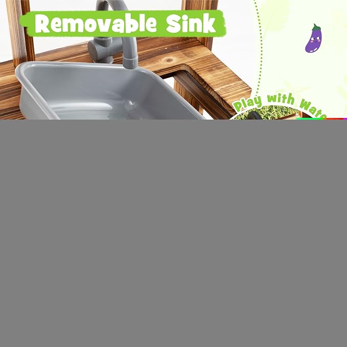 Costzon Mud Kitchen, Fir Wood Outdoor Play Kitchen with 4 Planting Pots, Faucet, Removable Sink, Stoves, Cooking Accessories, Kids Kitchen Playset for Backyard, Garden, Gift for Boys Girls 3+ (Brown)
