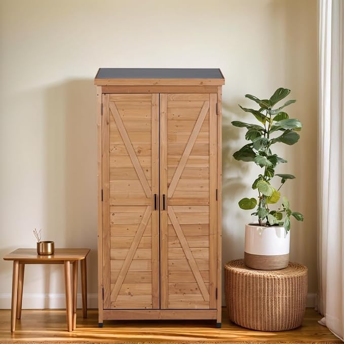 Wooden Outdoor Storage Cabinet, Outdoor Bar Table Cabinet with Storage, Outdoor Buffet Sideboard Cabinets for Patio, Garden, Potting Bench, Tv Stand, Bar Table, Balcony (Tall - Light Brown)