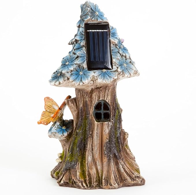 Bits and Pieces - Solar Butterfly and Blue Daisies Fairy House - Unique Lawn and Garden Décor