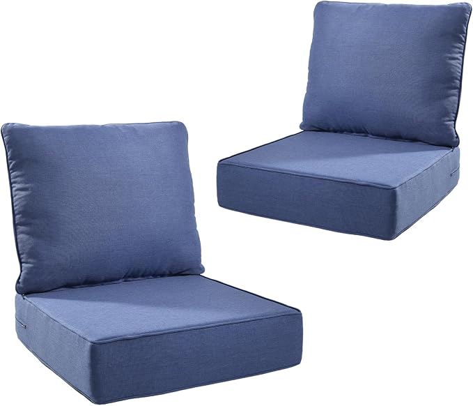 6" Thicker Outdoor Chair Cushion 2 Sets - 24" *24" *6" Waterproof Patio Chair Cushions with Removable Cover, 28D High Density Sponge Filling Thicken Outdoor Patio Cushions - Blue