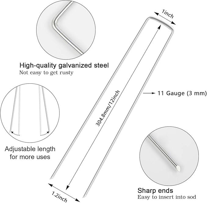 FEED GARDEN 12 Inch 50 Pack Galvanized Landscape Staples 11 Gauge Anti-Rust Garden Stakes Landscaping Fabric SOD Pins Yard Stakes for Weed Barrier Fabric