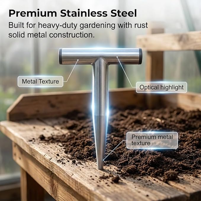 Plant Hole Digger for Planting, 2026 New T Wooden Handle, Seed Planter Tool for Plant Labels, for Self Watering Stakes, Hand Held Bulb Planter for Tulip Daffodil Crocus Garden Tool (S Solid)