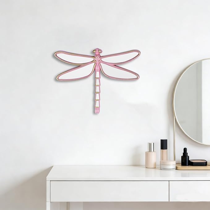 Decorative Dragonfly Wall Mirror, Plastic Frame with Mirrored Wings (12.4 x 9.3 inches) (Pink)