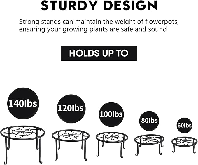 5 Pack Metal Plant Stands,Heavy Duty Potted Holder for Flower Pot,Indoor Outdoor Metal Rustproof Iron Garden Container Round Supports Rack for Planter
