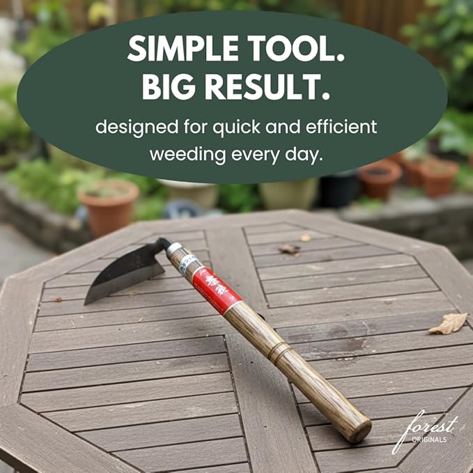 Hounen Miyawaki Nejiri Kama Weeder – Japanese Weeding Sickle, Twisted Stainless Steel, 4.7 in (12 cm) Blade, 13 in (33 cm) Wood Handle, Root Slicer for Garden Beds & Crabgrass, Made in Japan