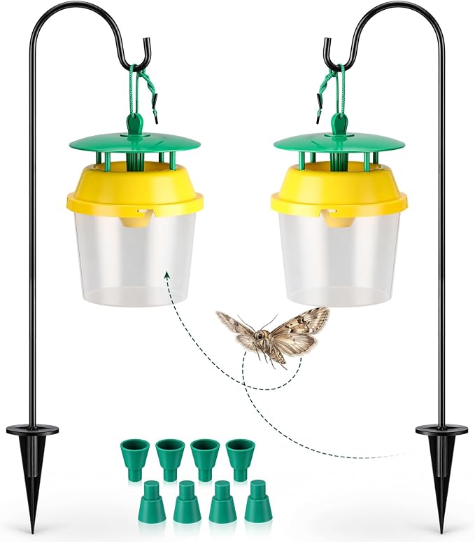 12 Pcs Reusable Leafminer Trap with Pheromone Lures, Bucket Style Insect Trap with 36.2'' Ground Stake, Outdoor Monitoring Tools for Citrus Trees Garden Orchard (2 Lures Included)