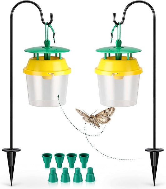 12 Pcs Reusable Leafminer Trap with Pheromone Lures, Bucket Style Insect Trap with 36.2'' Ground Stake, Outdoor Monitoring Tools for Citrus Trees Garden Orchard (2 Lures Included)