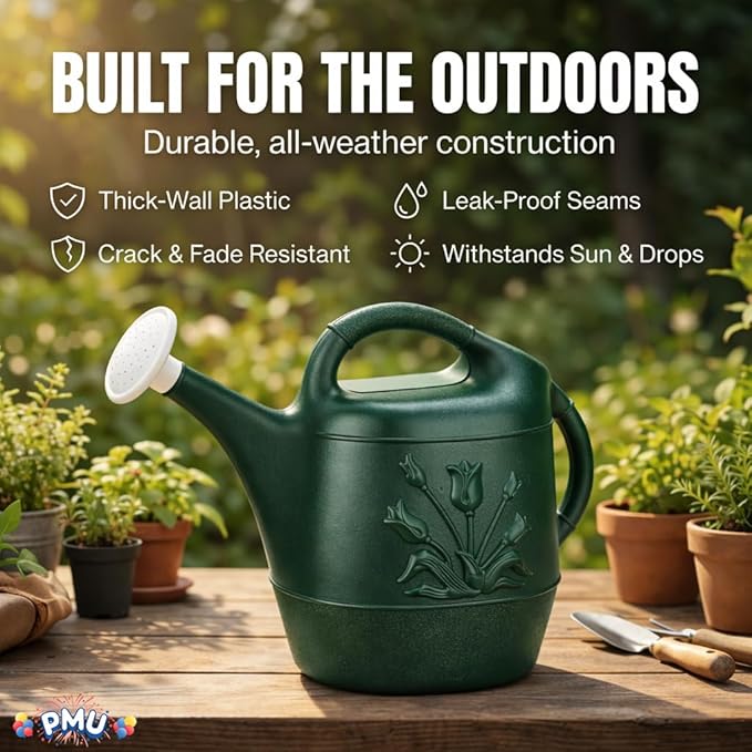 PMU 2 Gallon Watering Can - Garden Watering Can for Indoor & Outdoor Plants - Plastic Water Can with Detachable Sprinkler Head - Large Water Pot, Made in USA - Hunter Green Pkg/3