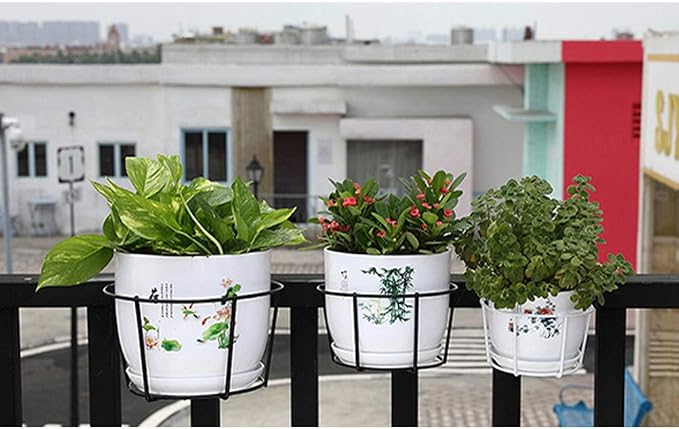 4 Pack Hanging Railing Planters Flower Pot Holders Plant Iron Racks Fence Metal Potted Stand Mounted Balcony Round Plant Baskets Shelf Container Box for Indoor&Outdoor Use-Black,Garden Steel Pots,6.3"