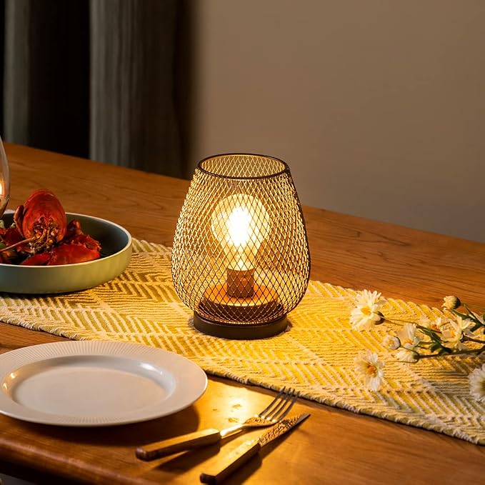Set of 2 Rechargeable Lamp LED Table Lantern, Brown Metal Cage Cordless Lamps with LED Bulb，Vintage Decorative Outdoor Lantern for Weddings, Parties, Patio, Events for Indoors Shelf Decor