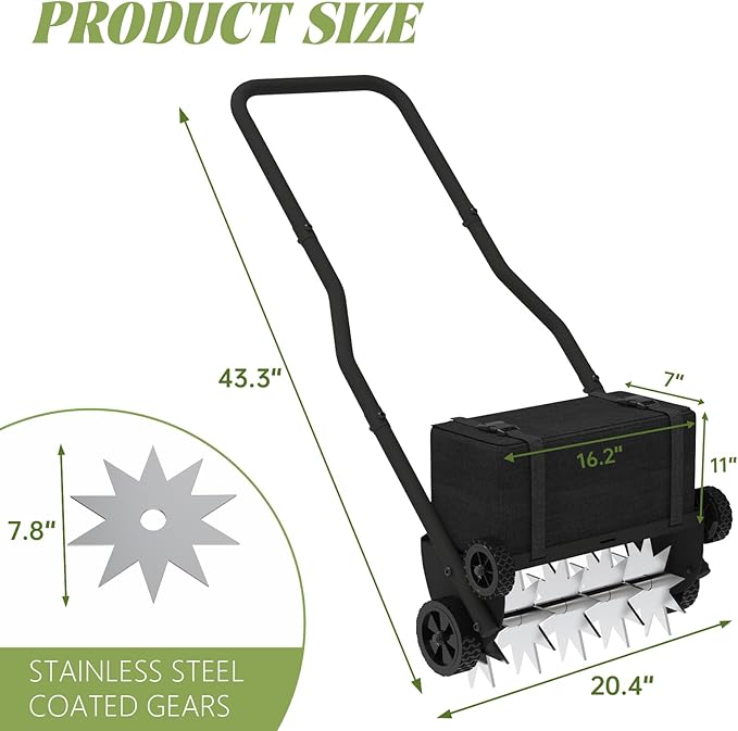 Lawn Aerator with Weight Bag, Heavy Duty Lawn Aerator Tool with 4 Wheels, Manual Lawn Aerators Tool with 43.3" Steel Handle, Core Aerator Lawn Tool Alternative for Lawn, Garden and Yard