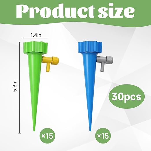 30 Pack Automatic Plant Watering Devices with Blue and Green Colors, Plant Watering Spikes, Self Watering Spikes for Vacation Plant Maintenance and Daily Hydration Control