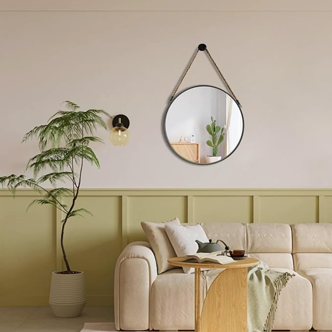 POZINO Round Hanging Mirror with Rope, 15" Grey Metal Frame Circle Wall Mirrors, Small Farmhouse Decorative Mirror for Entryway, Living Room, Fireplace, Bedroom, Bathroom