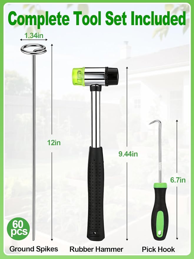 12 Inch Landscape Staples with Hook & Hammer - 60pcs Circle Top Weed Barrier Stakes Kit, 9 Gauge Galvanized Rust-Resistant Garden Fabric Pins, for SOD, Garden Edging, Install & Remove Tools Included