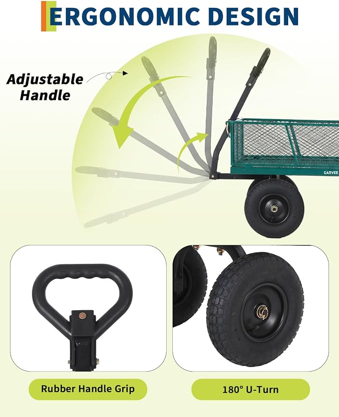 Garvee Versatile Outdoor Utility Cart-1200LBS Heavy-Duty, 13" All-Terrain Pneumatic Tires, Vehicle-Connectable, Easy Maneuverable Lawn Cart with Removable Mesh Panels for Gardening & Landscaping,Green
