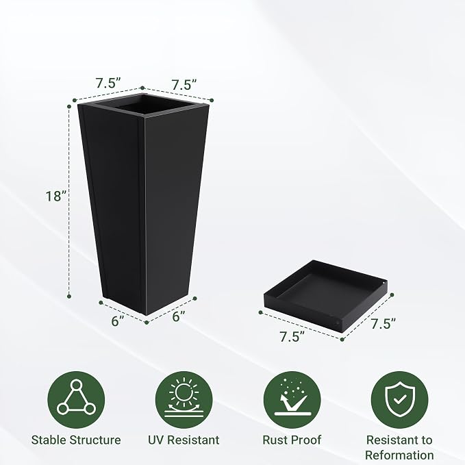 18" Metal Tall Outdoor Planters Set of 2, Durable & Wealtherproof | Tall Planters with Drainage Insert Shelve & Trays, Black Outdoor Planters for Porch, Garden, Yard
