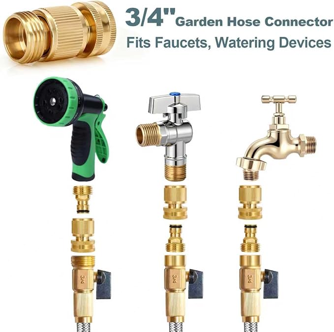 Garden Hose Quick Connect, Solid Brass 3/4 Inch GHT Leak-Proof Connectors, Heavy Duty Male & Female Quick Connect Hose Fittings, Easy Connect Water for Sprinkler & Pressure Washer (2 Pack)