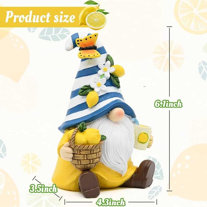 Lemon Decor Summer Garden Gnome, Mediterranean Decor Resin Figurines, Lemon Party Decoration for Home Kitchen Office Tiered Tray, Summer Gnomes Gifts