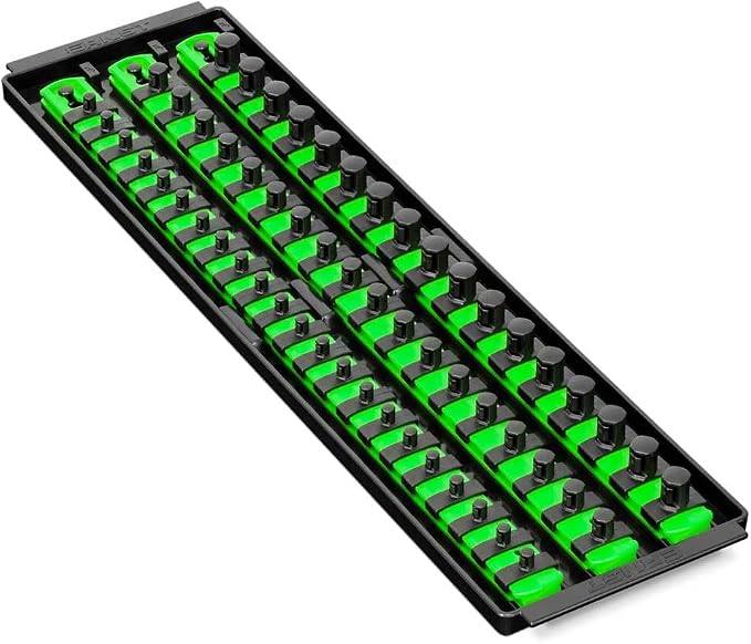 Ernst Manufacturing 8481 Socket Boss 3-Rail Multi-Drive Socket Holder Tray for Toolbox, Twist-Lock Secures Sockets, Green, Clips for SAE, Metric Socket Sets - Made in USA