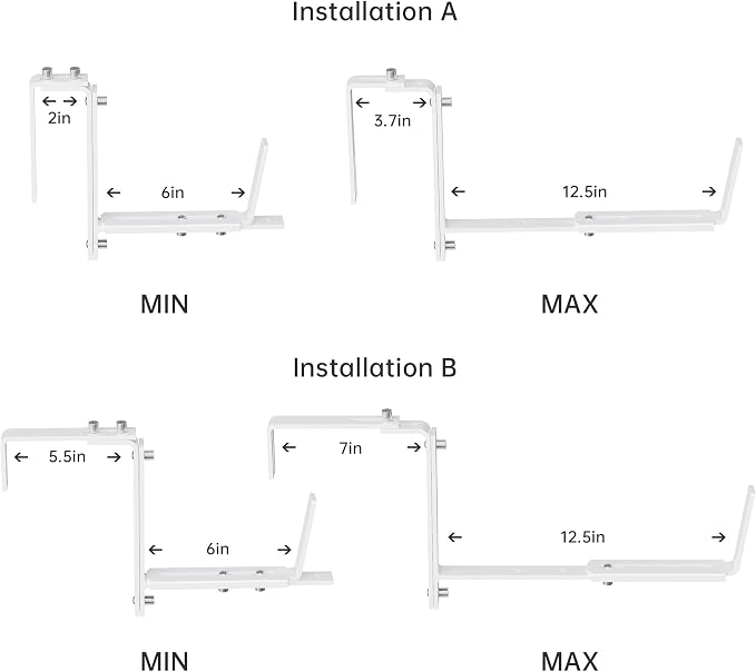 Y&M 4 Pcs Deck Railing Adjustable Planter Box Brackets (6 to 12.5 in), Universal Heavy Duty Iron Flower Box Brackets Wall Mounting Hooks for Fences, Patio, and Garden - White (Patent Registered)